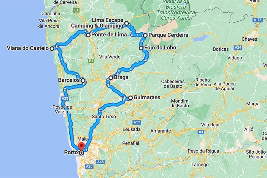 4 day north Portugal road trip itinerary map